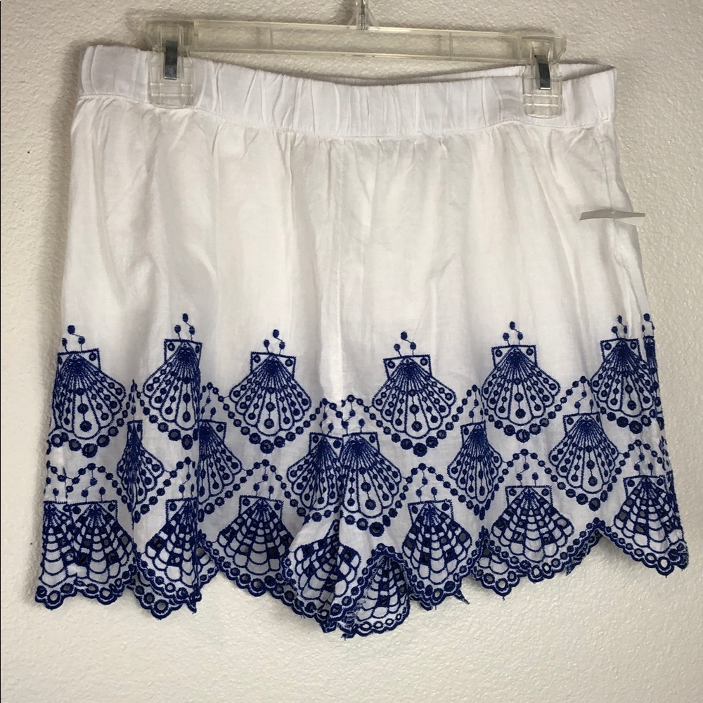 Calypso St. Barth Sleep Shorts Cotton White & Blue Embroidered Seashells Large
